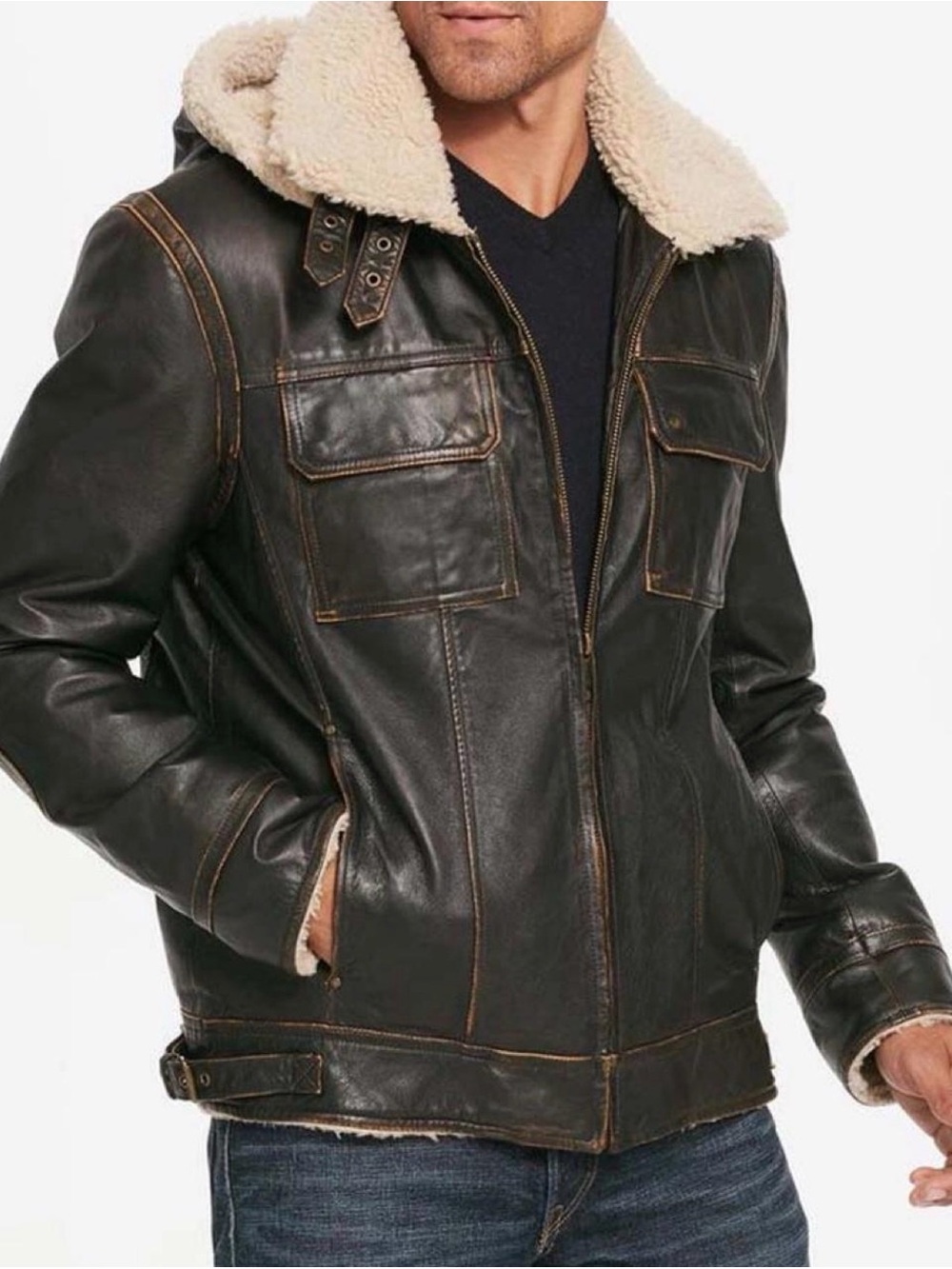 $600 Wilsons Leather Brown Leather Bomber Jacket Sherpa Lined Hooded Men's XL